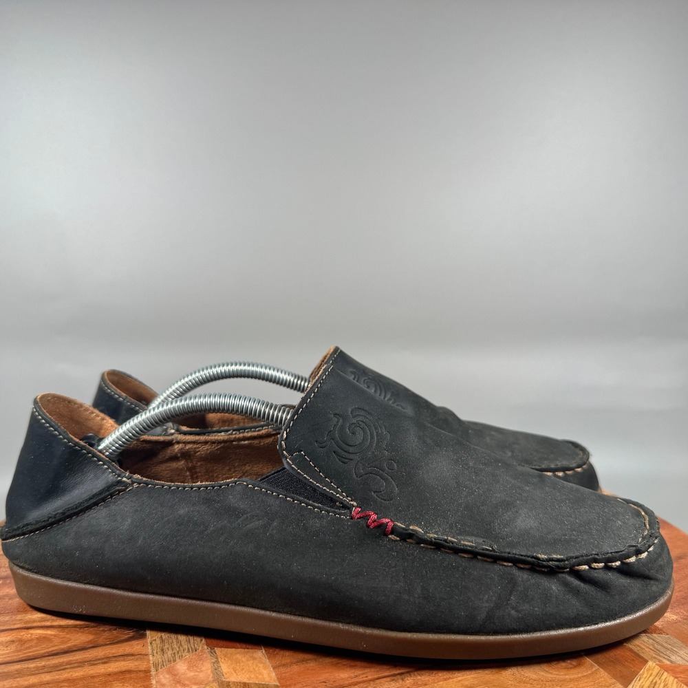 OluKai Nohea Nubuck Black Leather Slip On Loafers Womens 9 20174-4034